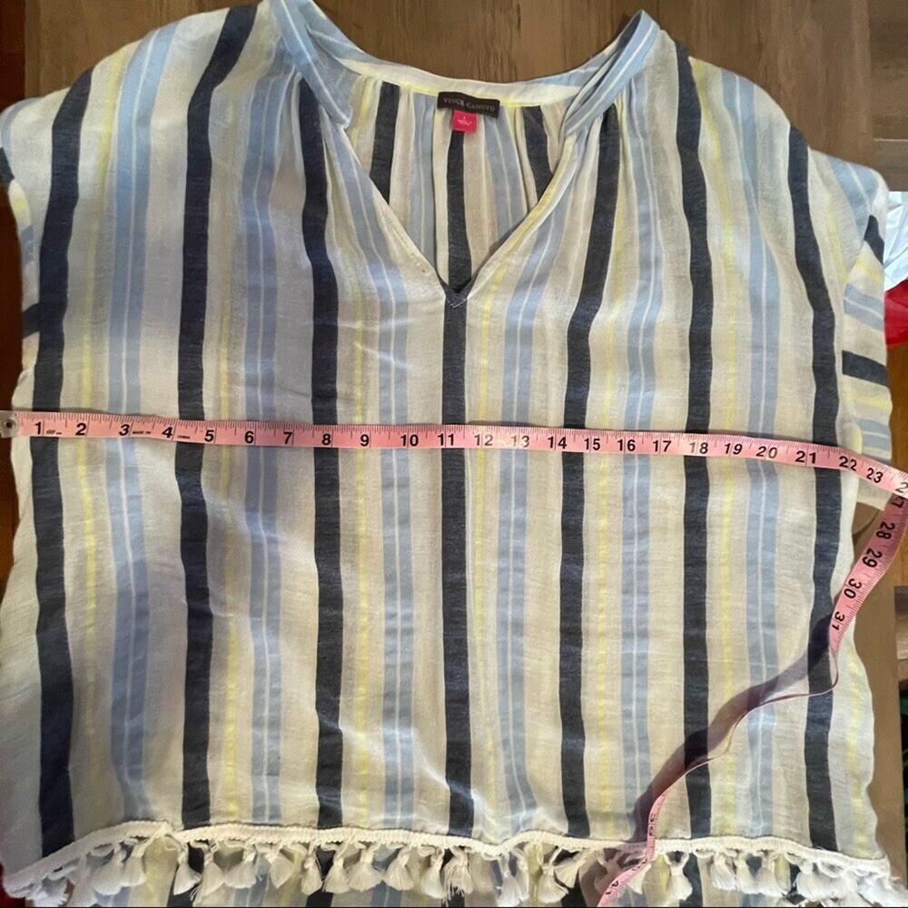 Vince Camuto Striped Tunic Top Sz L White Blue Pom Pom Hem Beach Surfer Coastal - Picture 8 of 11